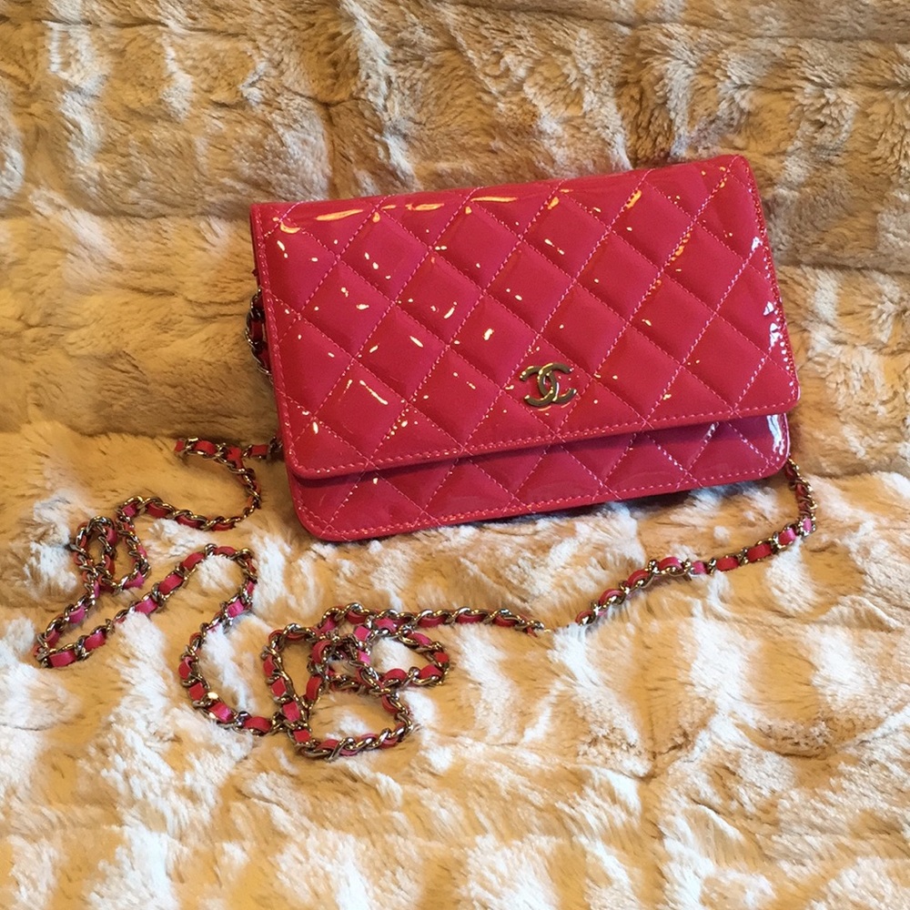 Chanel hot pink mini flap wallet bag on chain